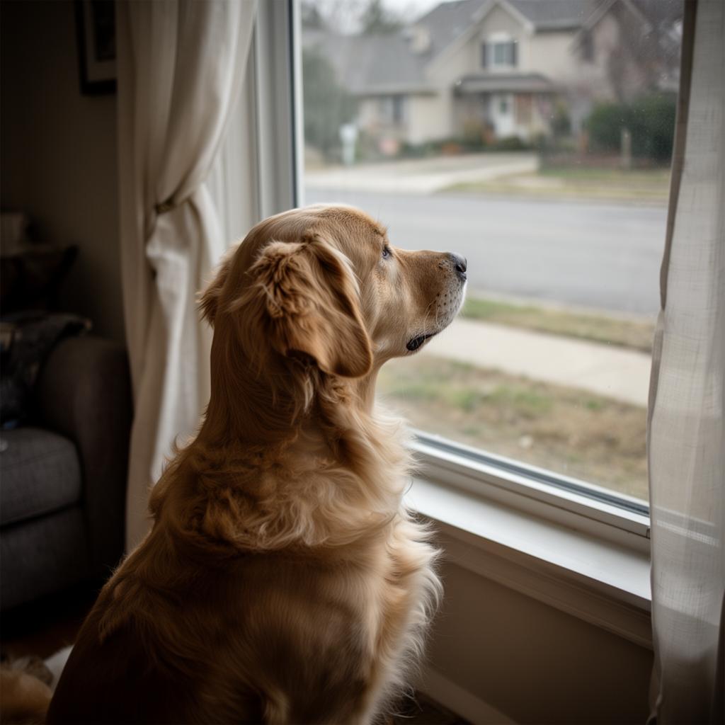 Golden retriever on duty, watching the street from a living room window