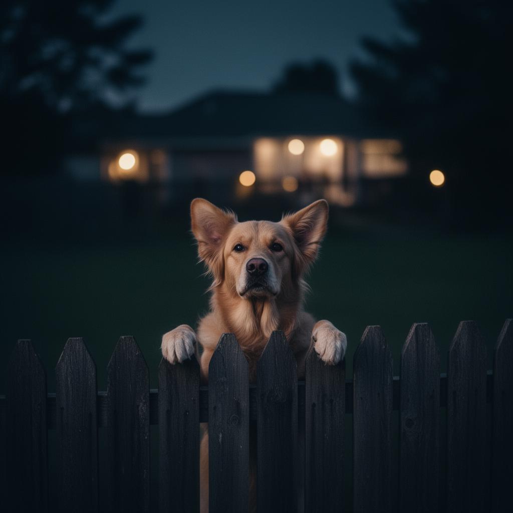 Alert golden retriever peeking over a backyard fence at night