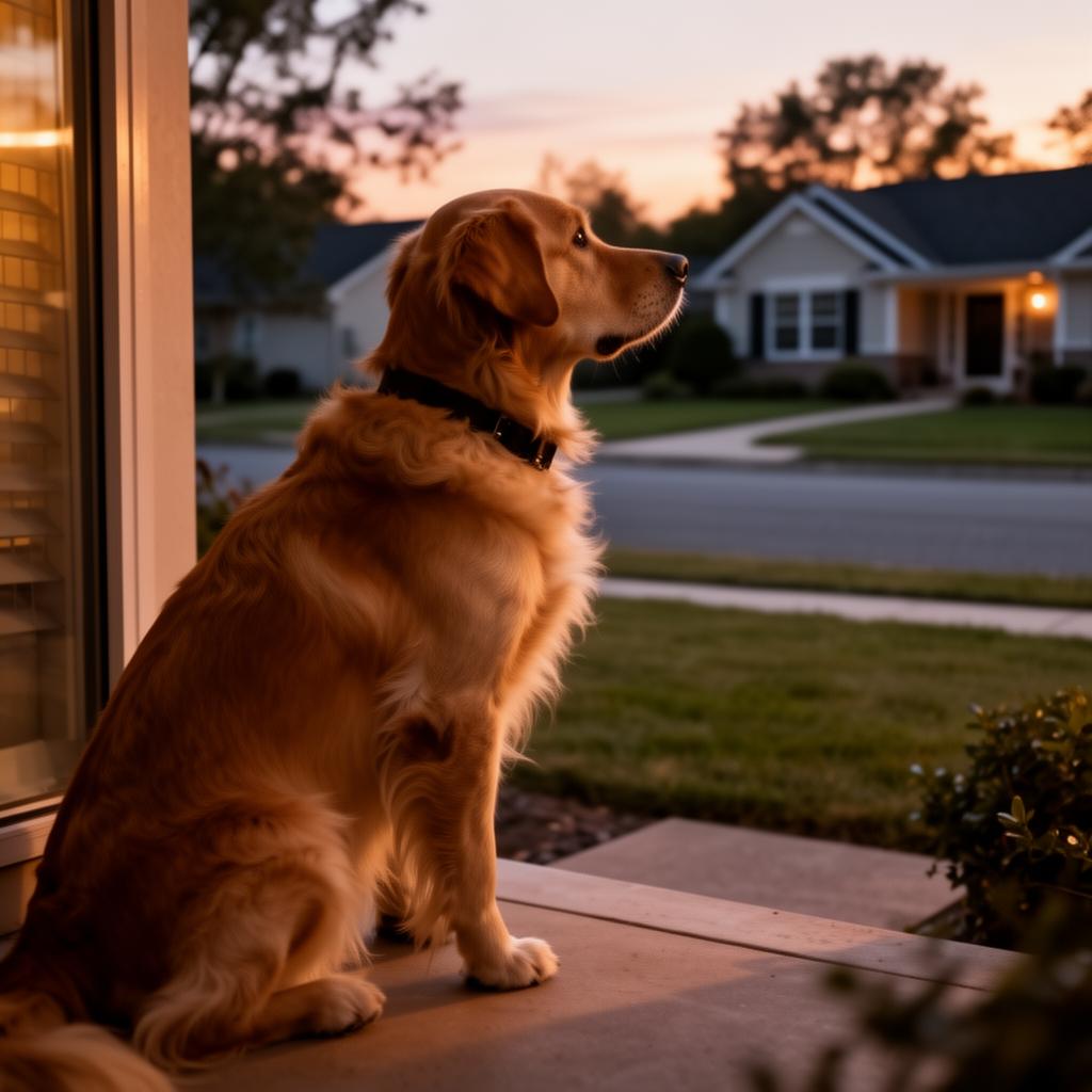 Golden retriever on the porch at dusk, watching the street