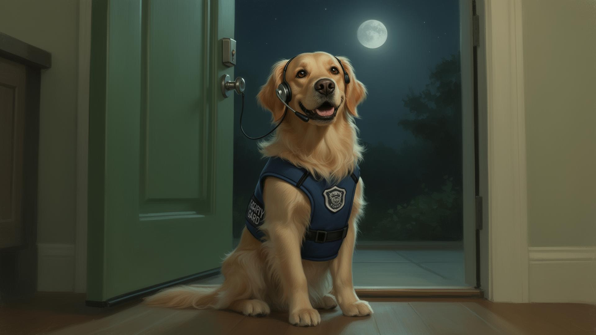 Alma, a golden retriever in a security vest, on duty at the front door