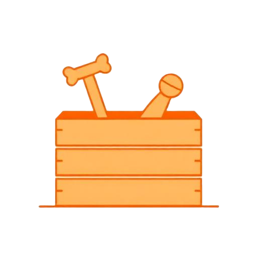 A wooden toy box overflowing with dog toys